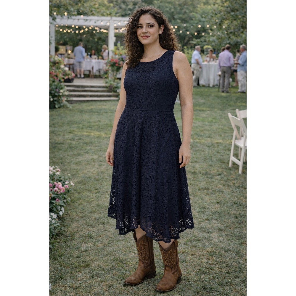 Ronni Nicole‎ Dark Blue Lace & Lined Cottagecore Dress Women's 12